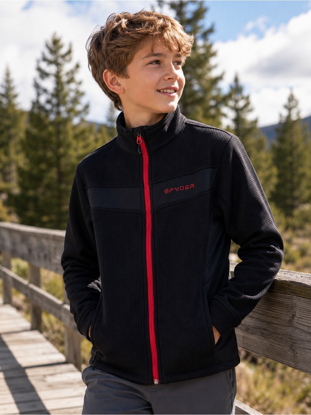 Spyder Youth XL Black Red Full Zip Waffle Knit Fleece Jacket